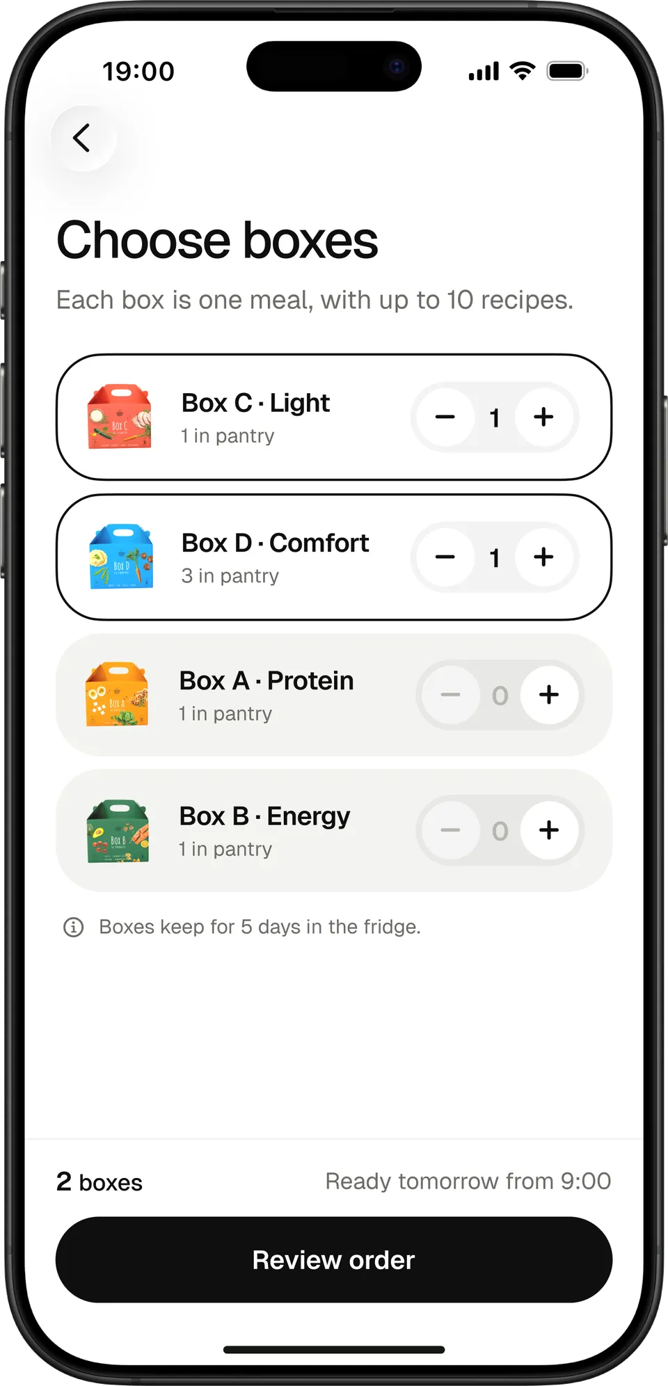Choose boxes and quantities.
