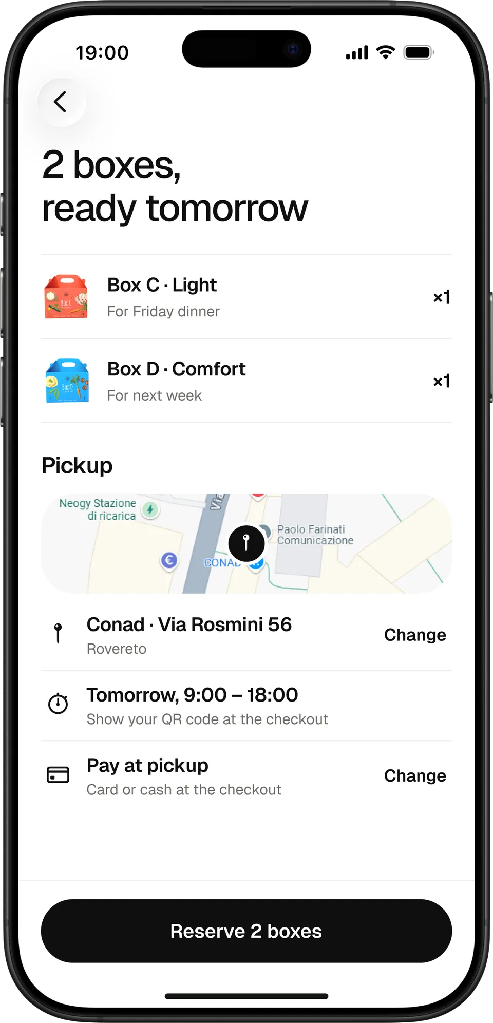 Review the order: boxes, pickup at Conad and payment.