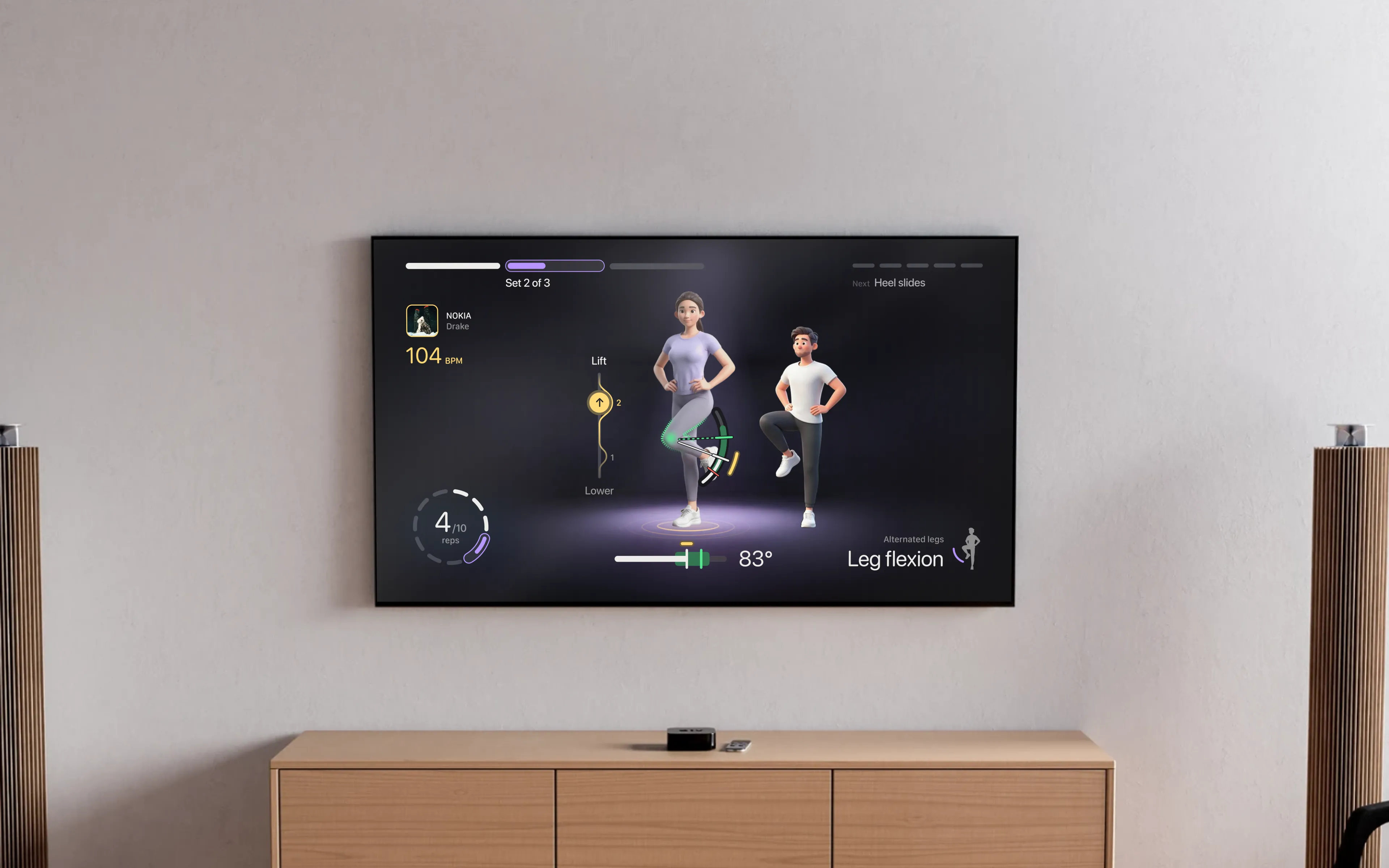 Rehabeat on a wall-mounted TV in a living room: a leg flexion workout, rep 4 of 10, with the athlete’s avatar mirrored next to the coach, the knee angle at 83° and the track playing at 104 BPM.