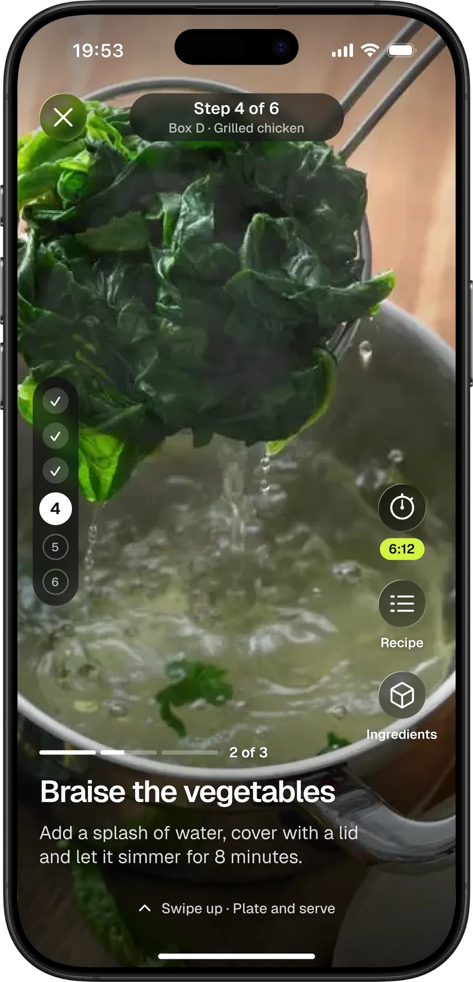 Focus mode: step four of six, full-screen video with the timer and the next step.