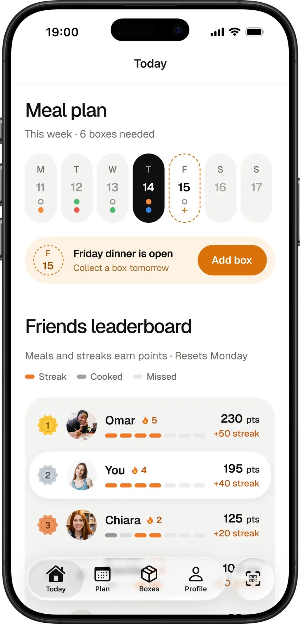 Home scrolled: this week’s meal plan, an open Friday dinner and the friends leaderboard.