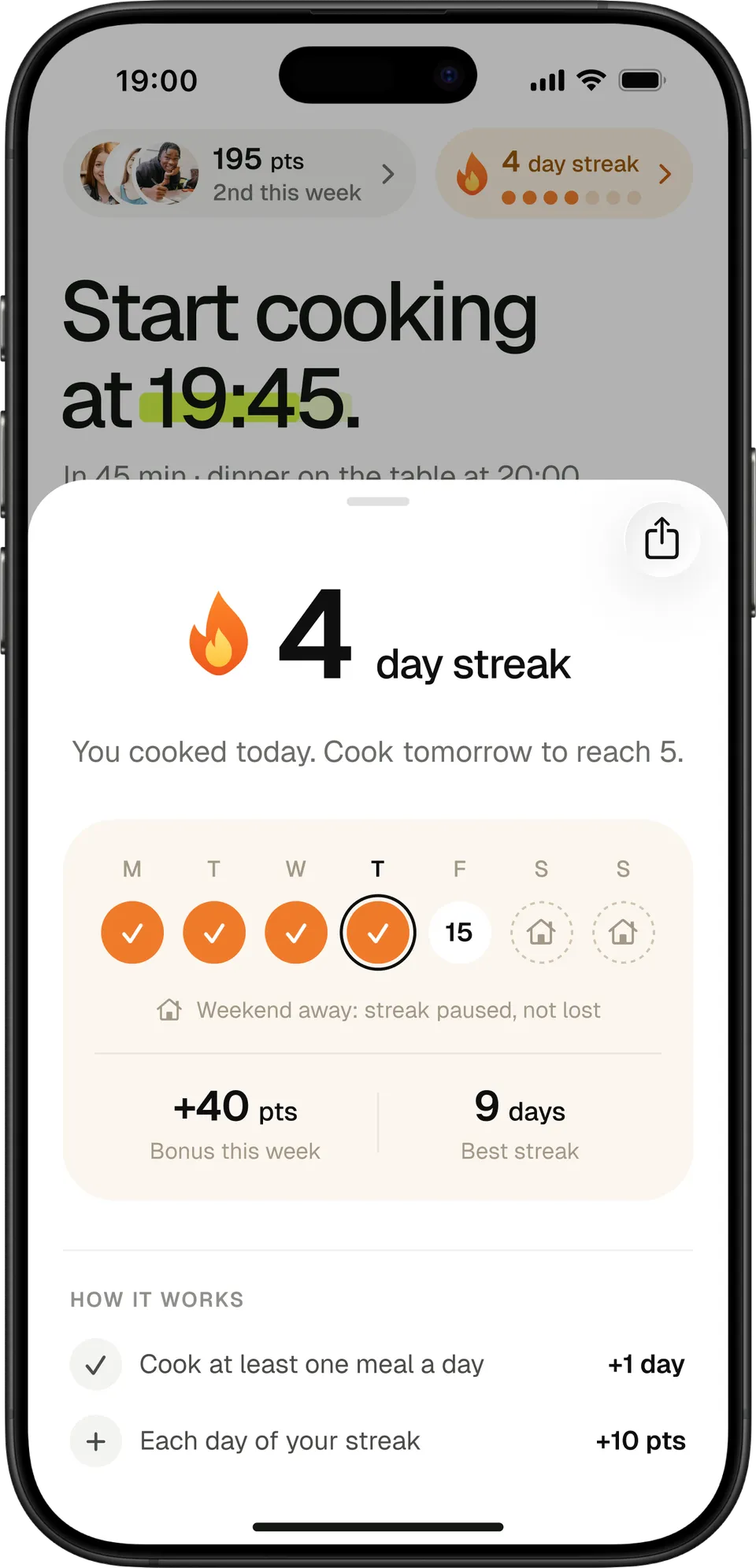 Streak: four days in a row and the points earned.