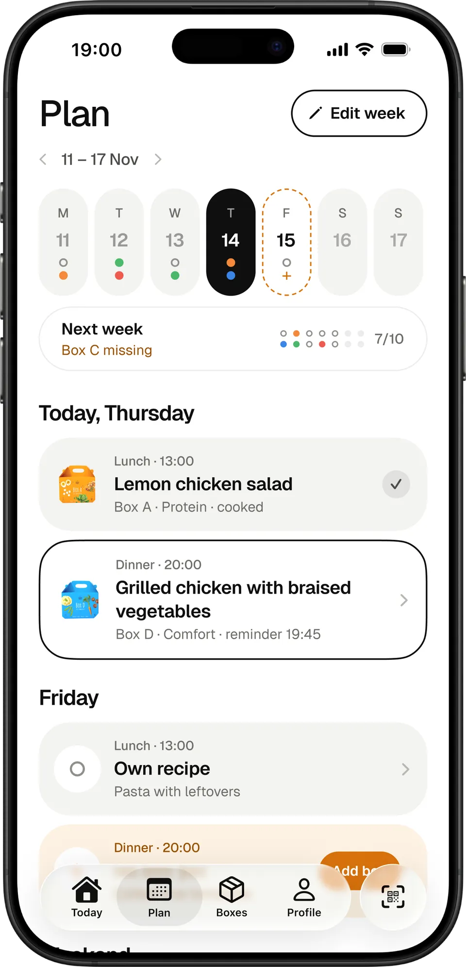 Plan: the week of meals, each dinner linked to a box.