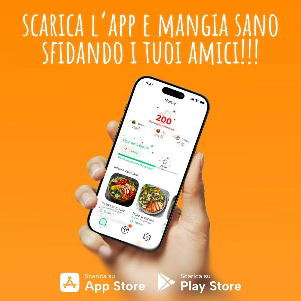 Instagram post: download the app and eat healthy challenging your friends, orange.