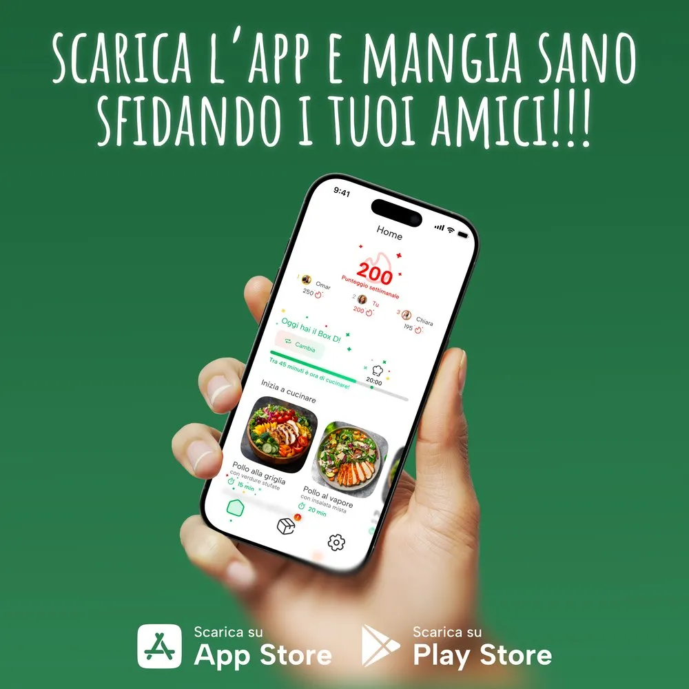 Instagram post: download the app and eat healthy challenging your friends, green.