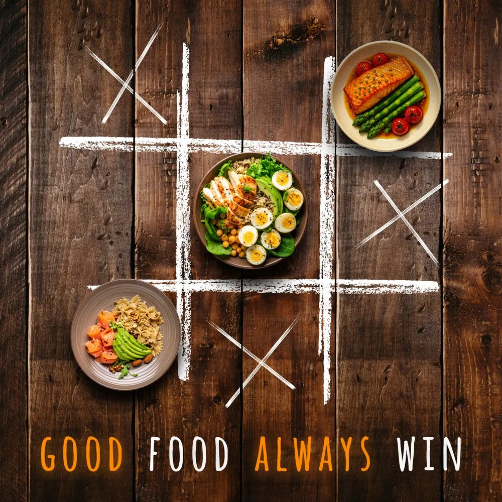 Instagram post: noughts and crosses with plates, good food always wins.
