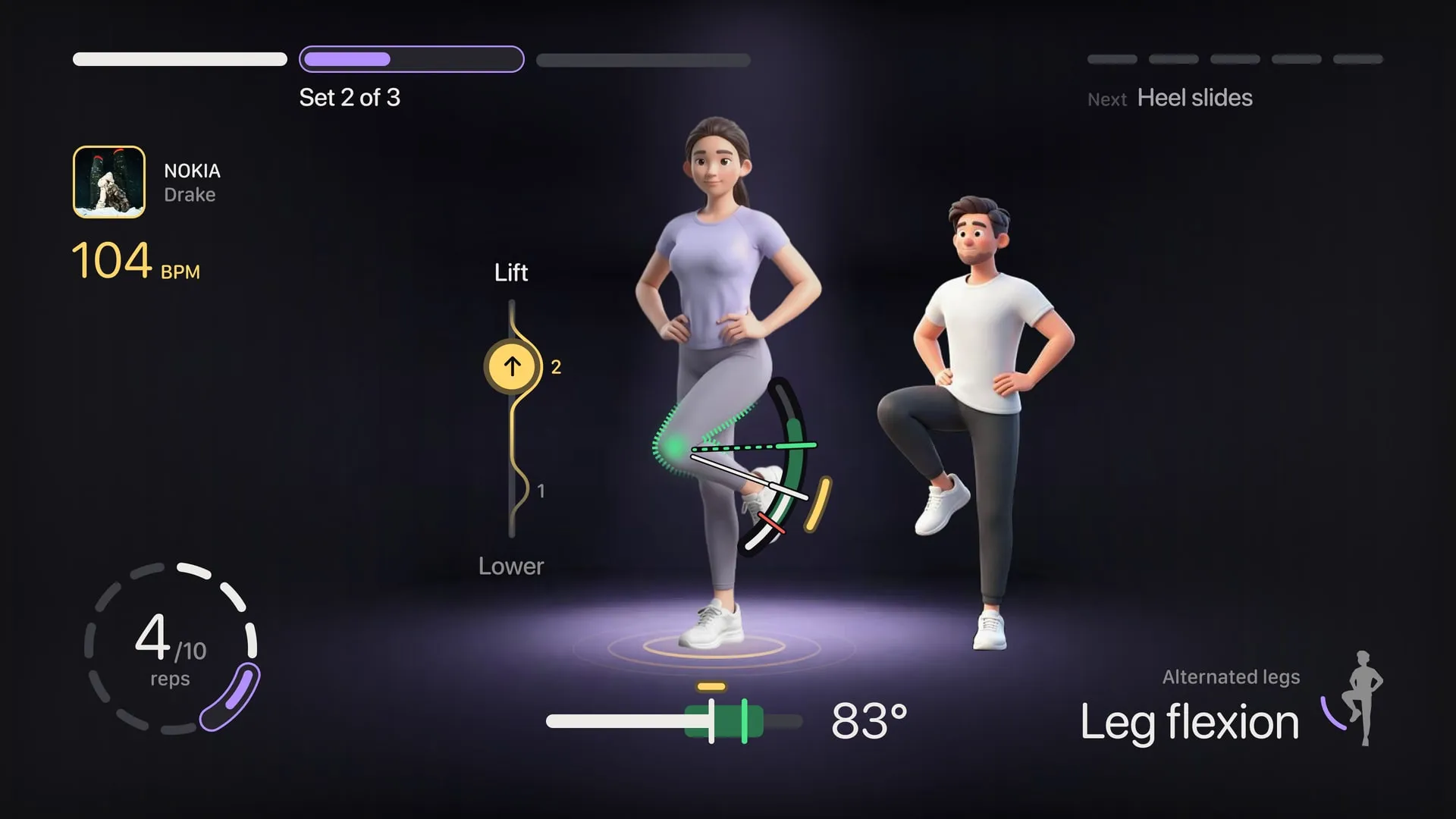 TV workout: the athlete’s avatar mirrored next to the coach, the knee angle at 83°, rep 4 of 10 and the track at 104 BPM.