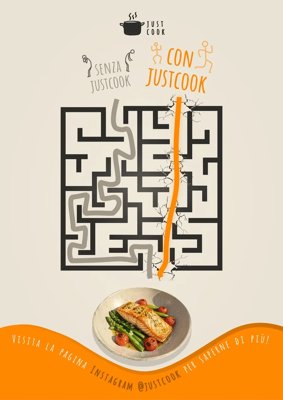 Maze flyer, orange: the long way without JustCook and the short way with it.