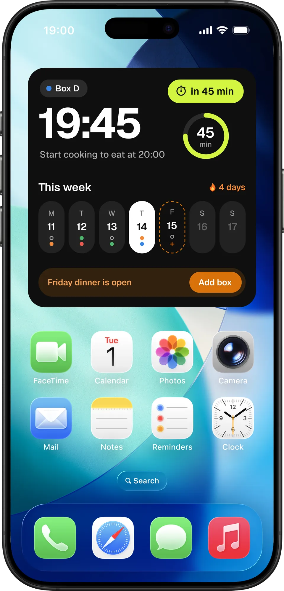 Large widget: tonight plus the week at a glance.